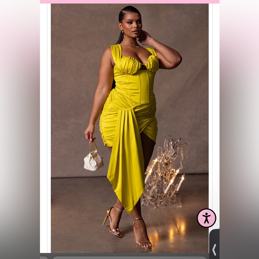 Plus Chartreuse Constructed Satin Ruched Bust Corset & Drape Bodycon Skirt